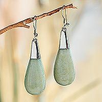 Jade dangle earrings, 'Subtle Dewdrops' - Pale Green Jade and Sterling Silver Teardrop Dangle Earrings