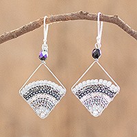 Beaded dangle earrings, 'Grey Rainbow' - Dangle Earrings With Rows of Grey Beads From Guatemala