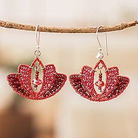 Crystal and glass beaded dangle earrings, 'Passion Lotus' - Lotus-Shaped Red Crystal and Glass Beaded Dangle Earrings