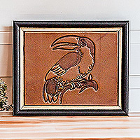 Leather wall art, 'Rustic Toucan' - Handcrafted Toucan-Themed Pinewood-Framed Leather Wall Art