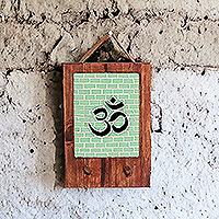 Wood coat rack, 'Om Spaces' - Handcrafted Green Om Teak Wood and Glass Mosaic Coat Rack