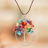 Multi-gemstone pendant necklace, 'Forest in Rainbow' - Tree-Themed Oval Multi-Gemstone Pendant Necklace