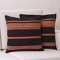 Alpaca blend cushion covers, 'Quechua Girl' (pair) - Handwoven Brown and Orange Cushion Covers (Pair)