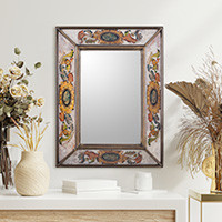 Reverse painted glass wall mirror, 'Floral Medallions' - Reverse Painted Glass Rectangular Floral Wall Mirror