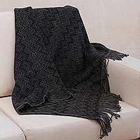 Throw blanket, 'Smoky Black Diamonds' - Throw Blanket with Diamond Motifs in Smoke and Black