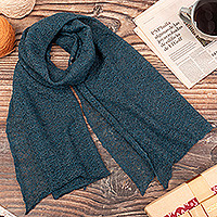 100% baby alpaca scarf, 'Teal Gossamer' - Textured 100% Baby Alpaca Wrap Scarf in Teal from Peru