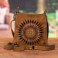 Suede sling, 'Lively Spiral in Caramel' - Handcrafted Suede Sling in Caramel from Peru