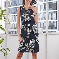 Cotton knit sheath dress, 'Lima Lady' - Soft Cotton Jacquard Knit Sheath Dress in Navy Floral