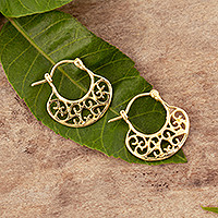 Gold-plated hoop earrings, 'Glamorous Basket' - Basket Themed Gold-Plated Hoop Earrings with Openwork Accent