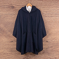 Alpaca blend cape, 'Blue Divine' - Alpaca Blend Blue Cape with Buttons and Pockets from Peru