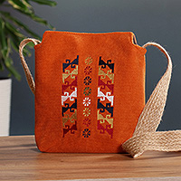 Embroidered sling bag, 'Armenian Vibrancy' - Embroidered Sling Bag with Jute Strap in Orange Shade