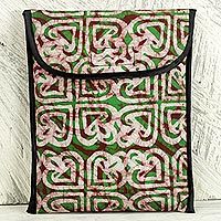 Cotton batik iPad case, 'Akoma Heart' - Batik Heart Pattern Green Cotton iPad Case by Ghana Artisan