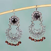 Garnet chandelier earrings, 'Mazahua Lady' - Sterling Silver Mazahua Style Garnet Chandelier Earrings