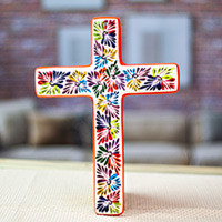 Ceramic wall cross, 'Spiritual Fireworks' - Artisan Crafted Multicolored Ceramic Wall Cross from Mexico