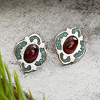 Garnet stud earrings, 'Nocturnal Gala' - Garnet and Recon. Turquoise Stud Earrings from Mexico