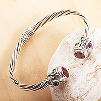 Garnet and amethyst cuff bracelet, 'Light from Within' - Silver Cuff Bracelet with Garnet and Amethyst