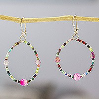 Beaded agate dangle earrings, 'Rainbow of Light' - Handcrafted Agate and Seed Bead Dangle Earrings with Silver