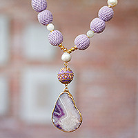 Gold-accented multi-gemstone beaded pendant necklace, 'Lavender Illusions' - 24k Gold-Accented Purple and White Multi-Gemstone Necklace