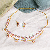 Gold-plated cultured pearl and apatite jewelry set, 'Glorious Deity' - Polished 14k Gold-Plated Pink Pearl and Apatite Jewelry Set