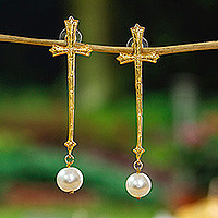 Gold-plated cultured pearl statement dangle earrings, 'Sacred Pearl' - 24k Gold-Plated Cultured Pearl Cross Statement Earrings