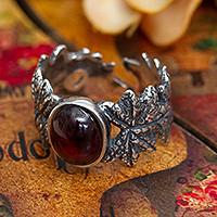 Garnet wrap ring, 'Blissful Wine' - Wine-Inspired Leafy Wrap Ring with a Natural Garnet Jewel