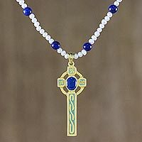 Gold plated cultured pearl and lapis lazuli pendant necklace, 'Faithful Soul in Blue' - Gold Plated Cultured Pearl and Lapis Lazuli Cross Necklace