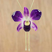 Natural orchid pendant necklace, 'Orchid Majesty' - Genuine Purple Orchid Resin Pendant Necklace with Gold Chain