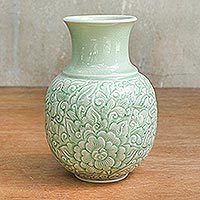 Celadon ceramic vase, 'Jade Landscape' - Celadon Ceramic Vase