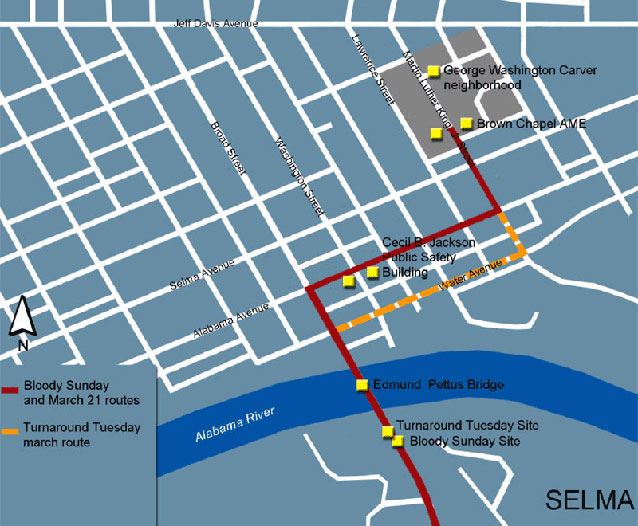 blue map with white roads.  Red and orange lines show march routes