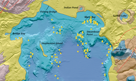 Colorful elevational map with numerous marks for hydrothermal features