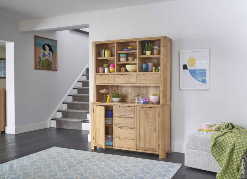 curved oak dresser in modern living room