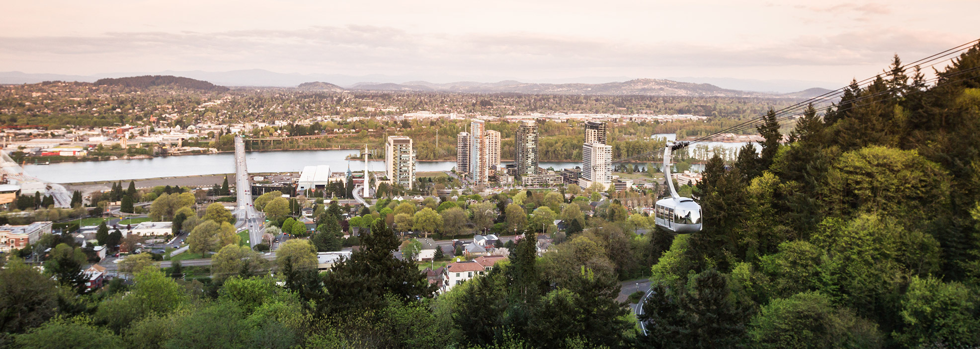 OHSU tram with South Waterfront in background