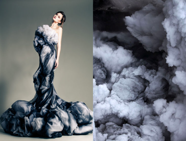 Vestidos inspirados en la naturaleza; vestido corrugado gris con blanco, nubes grises de tormenta