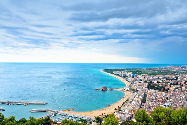 Blanes beach and Sa Palomera rock. Costa Brava, Catalonia, Spain