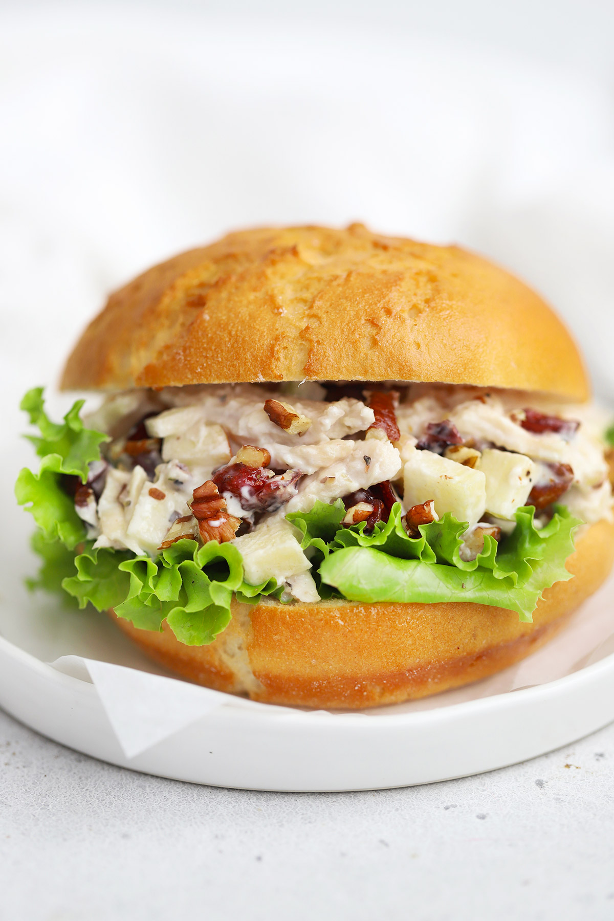 Close up front view of an Apple Cranberry Chicken Salad Sandwich on a Gluten-Free Bun with Lettuce