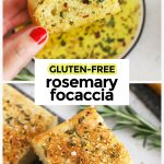 squares of gluten-free rosemary focaccia, dipped into seasoned dipping oil