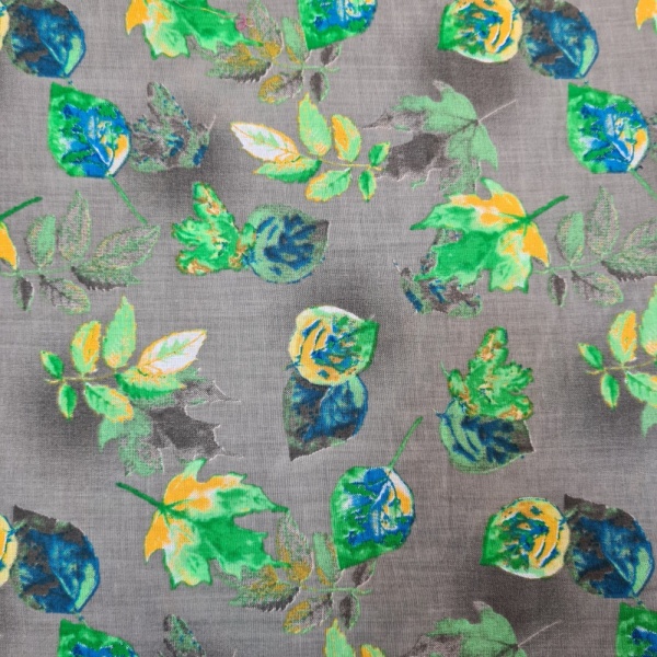 Printed Egyptian Cotton - Green and Blue Autumn Leaves on Grey