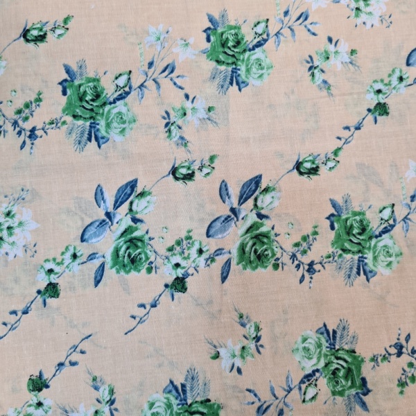 Printed Egyptian Cotton -  Green Roses on Beige