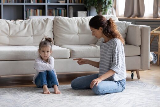 Strict Mother Scolding Offended Naughty Little Daughter, Pointing Finger