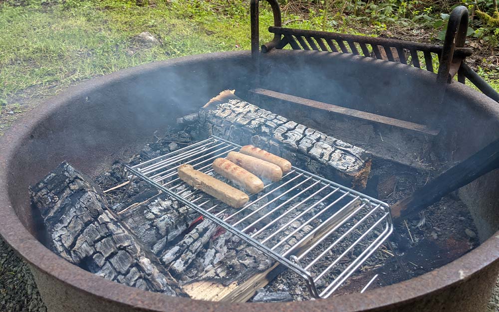 Cooking hot dogs over an open fire