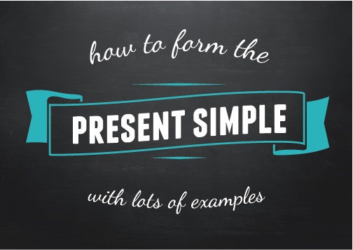 Graphic logo with the title: Present Simple: How to form the present simple with lots of examples.