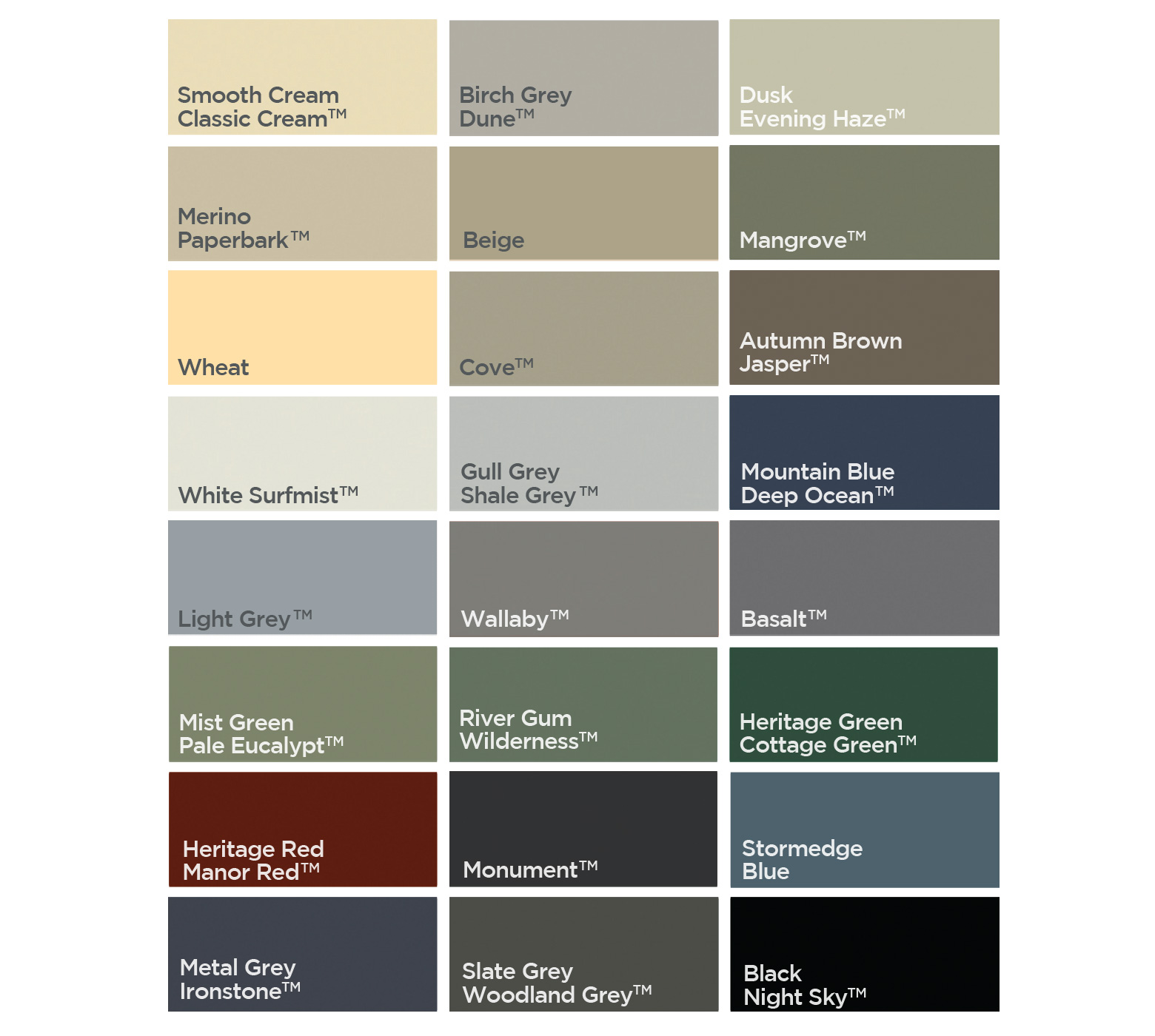 Colorbond Color Chart