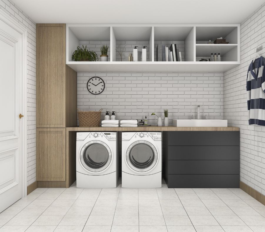 black and white laundry room