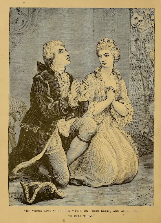 A historical print depicting Louis XVI and Marie Antoinette kneeling in prayer after learning that Louis XV died, and they were the new king and queen.