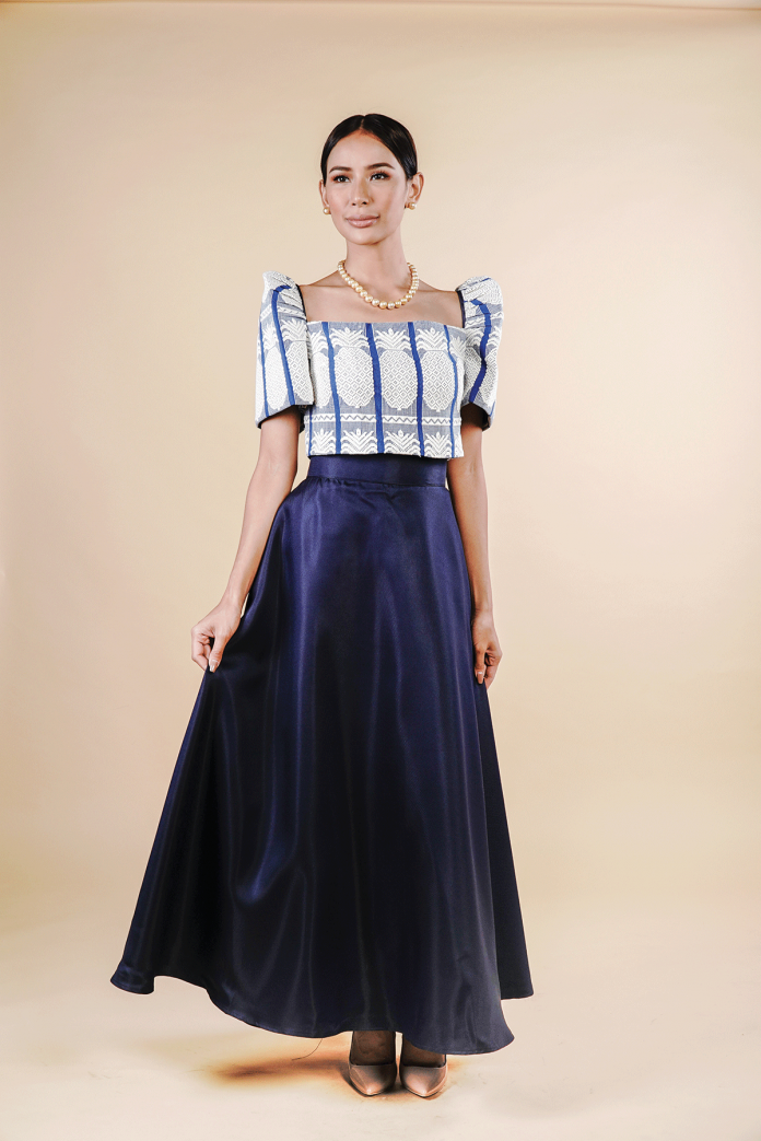 An inabel terno top with pineapple designs worn with a mikado silk ballgown skirt for today’s modern Filipina.