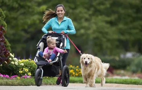 Mom jogs on a stroller-friendly trail near Seattle with her toddler and dog