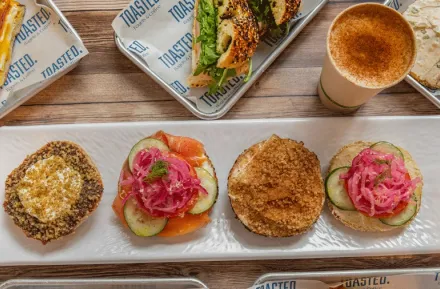 Bagel flight at Toasted., a Seattle bagel spot for families