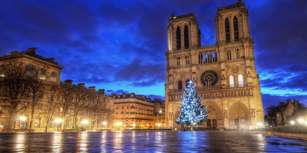 Nighttime view of Notre Dame Cathedral in Paris at Christmas with a lighted tree in the courtyard