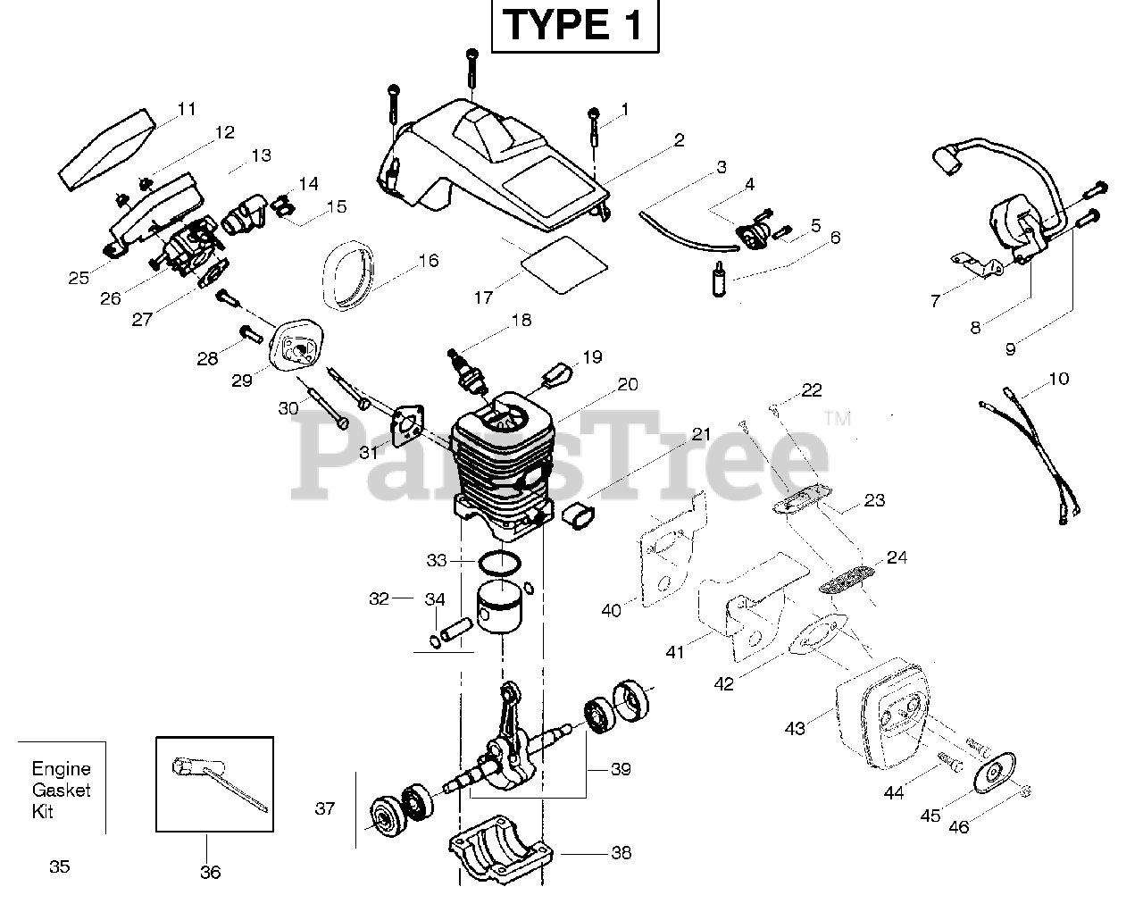 Poulan 2050 LE - Poulan Chainsaw, Type 1 (2006-11) Engine - Type 1 ...