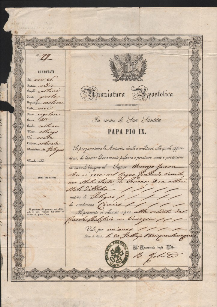 1865 Passport Papal State''Nunziatura Apostolica'' a Venezia